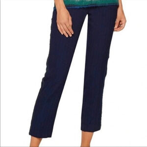 NWOT LA LIGNE Wool Pinstripe Navy Pants Green Fringe Sides Casual Women’s 2